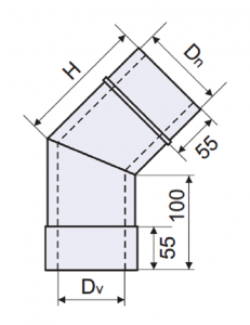Колено 45 градусов нерж/оцинк (толщина - 0,6 мм., диаметр (Dv) - 100 мм.)