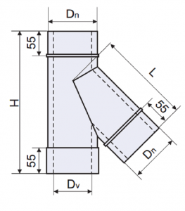 Тройник 45 градусов нерж/оцинк (толщина - 0,6 мм., диаметр (Dv) - 100 мм.)